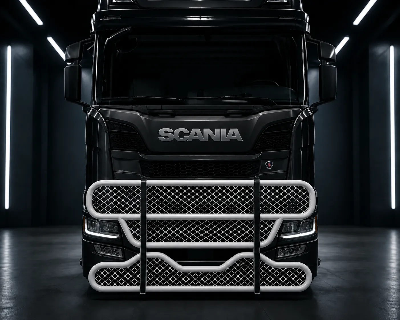Visualisering av AS Frontskydd monterat på Scania