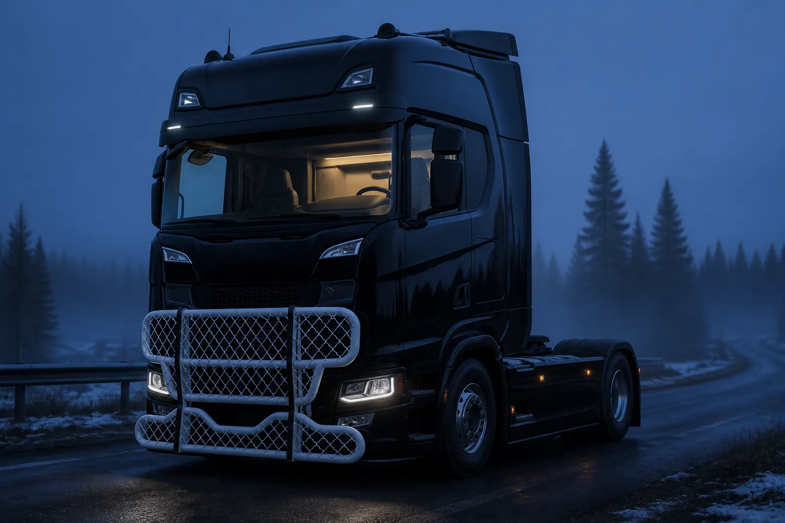 Visualisering av vitt AS Frontskydd på Scania i nordisk vägmiljö